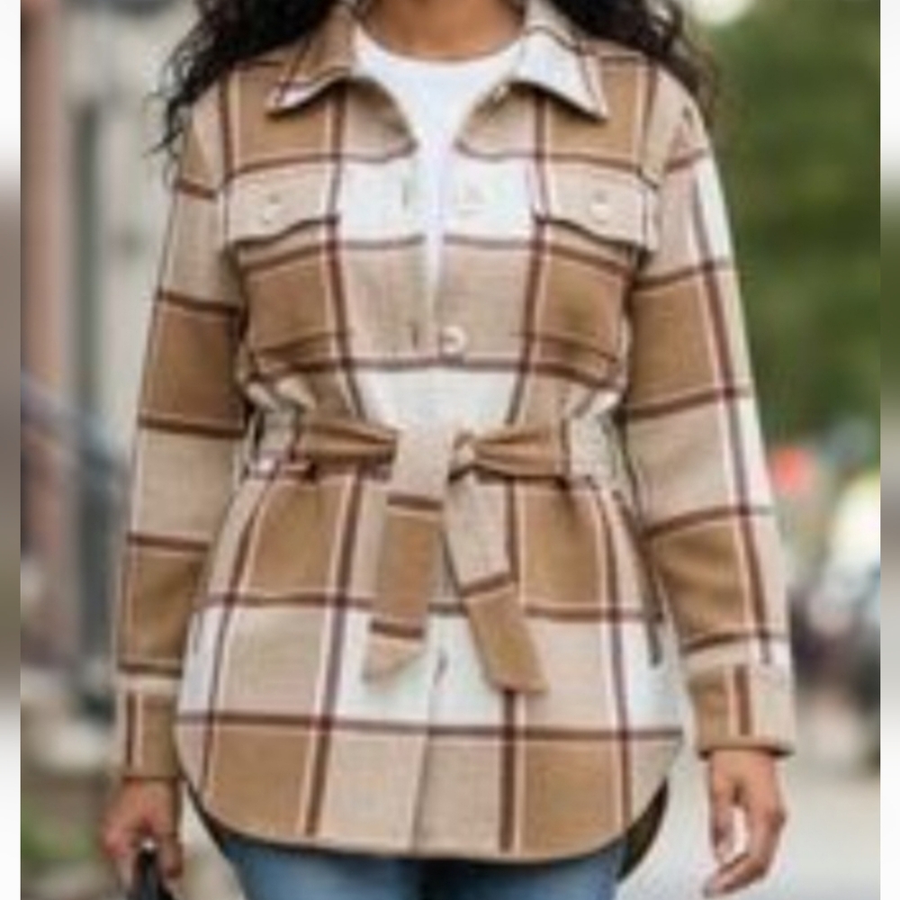 NWT Cupcakes & Cashmere Caramel Plaid Belted Shacket Coat Small